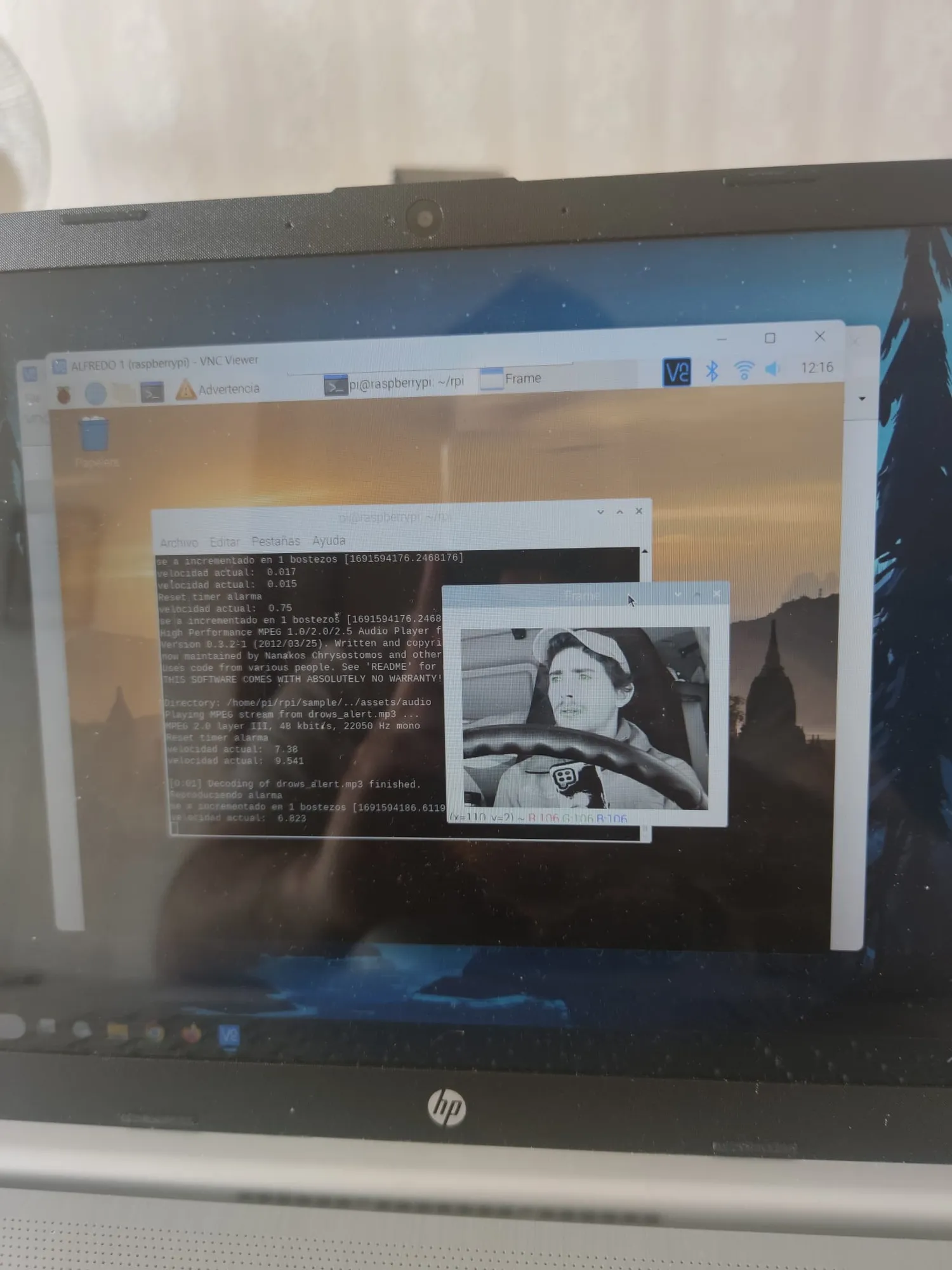 Acceso remoto a la Raspberry Pi: frame procesado y registro de bostezos.